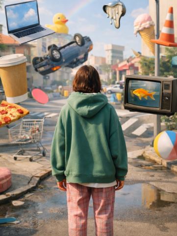 Jeune personne de la Gen Z dans un décor urbain surréaliste, entourée d’objets flottants et d’éléments absurdes symbolisant le chaos esthétique et culturel contemporain.