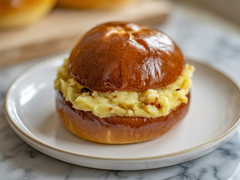 Breakfast sandwich on brioche bun