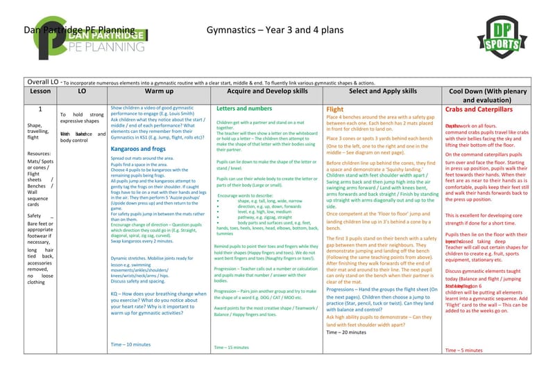 Example Indoor Gymnastics Plan for Year 3 & 4