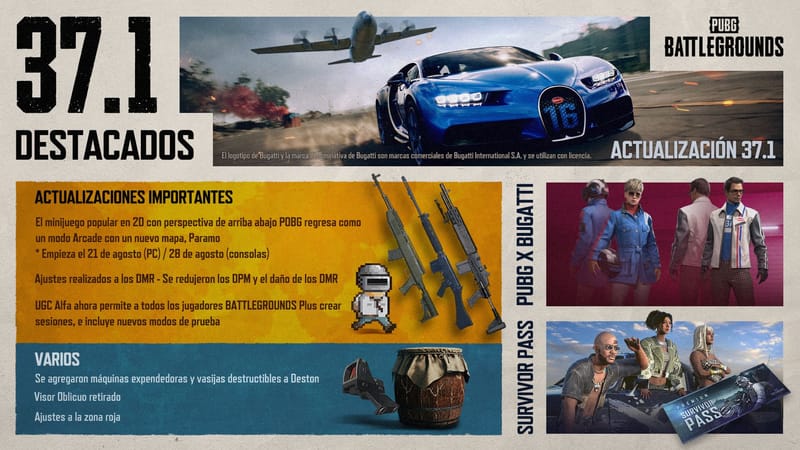PUBG: BATTLEGROUNDS presenta los hipercoches Bugatti, la expansión UGC Alpha y el regreso de POBG en la actualización 37.1