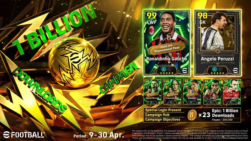 eFootball supera los mil millones de descargas a nivel mundial y celebra una campaña especial dentro del juego, con Jugadores Legendarios gratuitos, incluyendo a Ronaldinho Gaucho