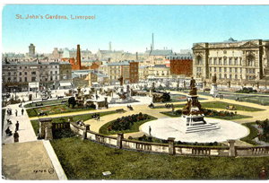 Memorials and monuments surrounding Saint George's Hall and Saint John's Gardens.