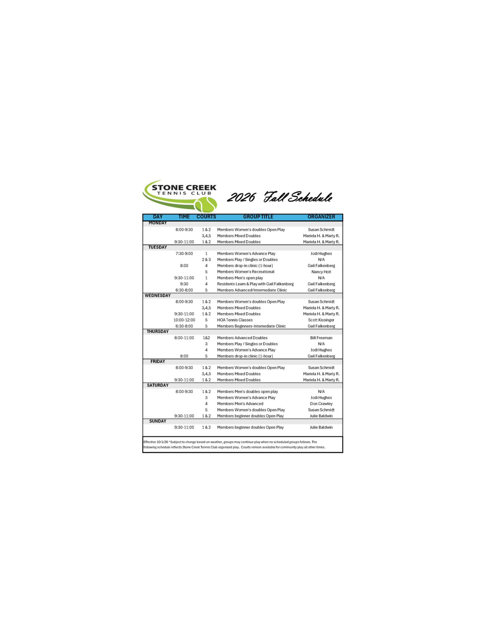 10/1/26 Fall Court Schedule