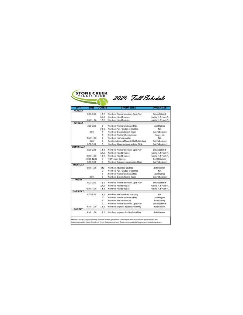 10/1/26 Fall Court Schedule