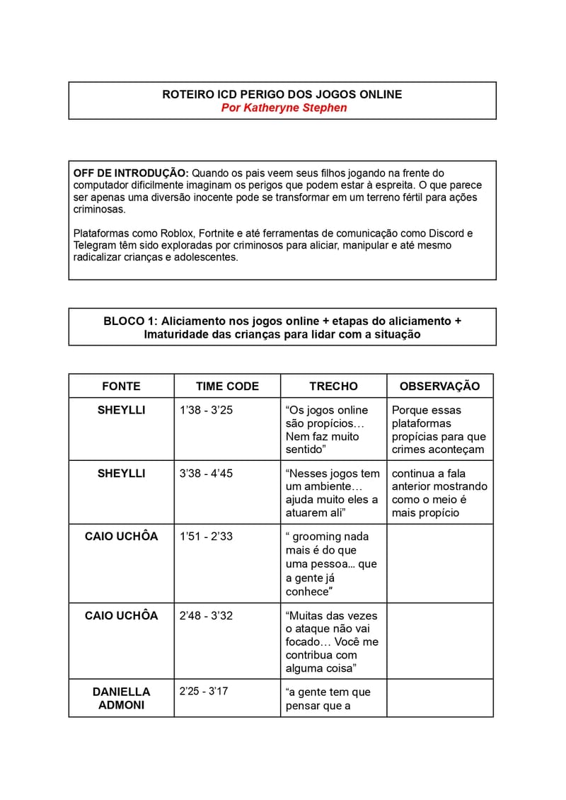 ROTEIRO - PERIGO DOS JOGOS ONLINE