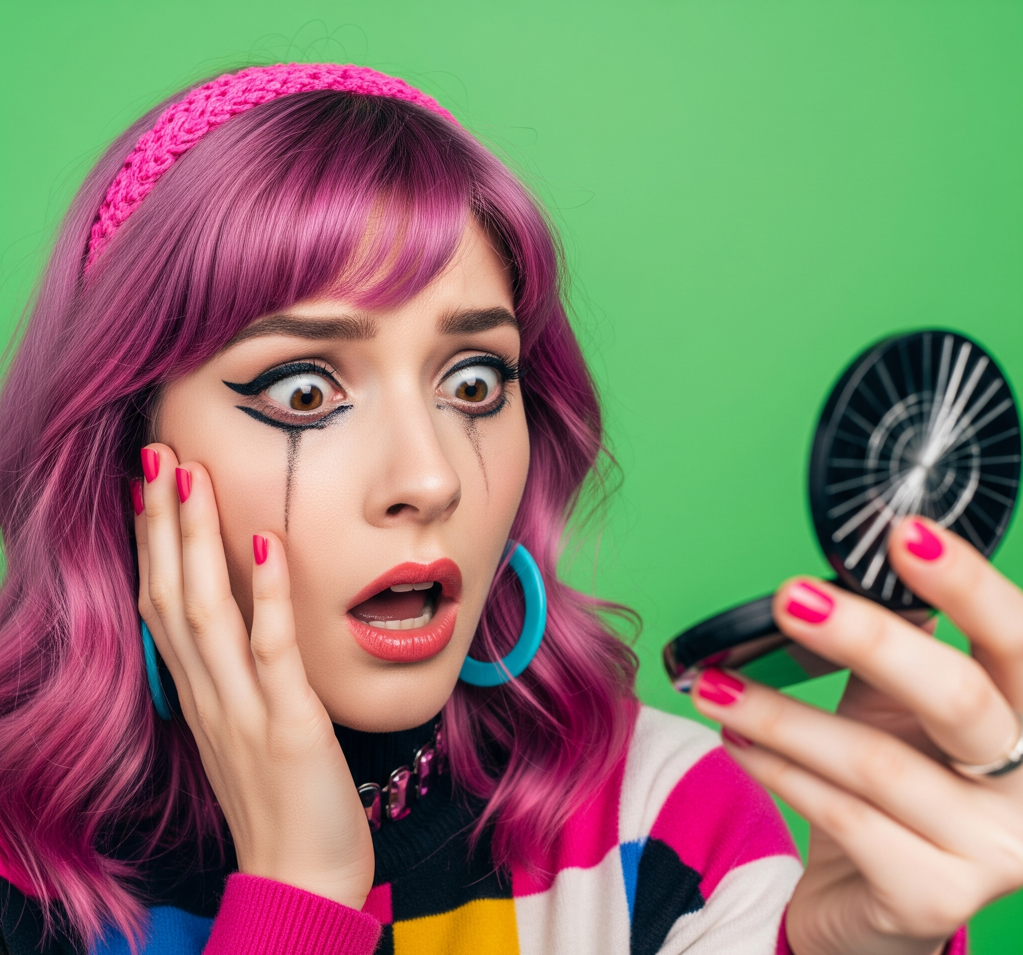 Woman reacting to makeup meltdown in mirror