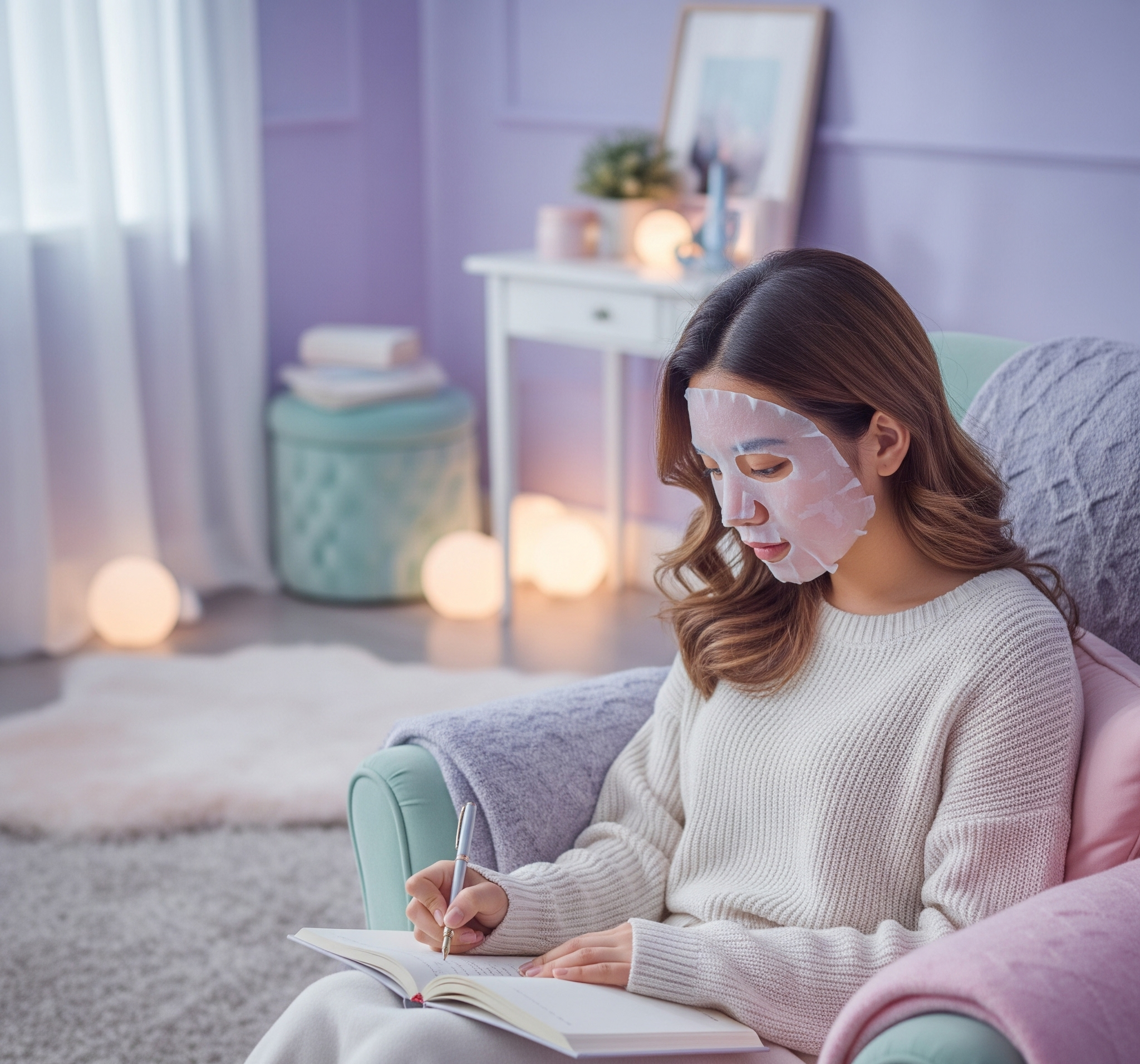 Girl writing in journal with sheet mask on