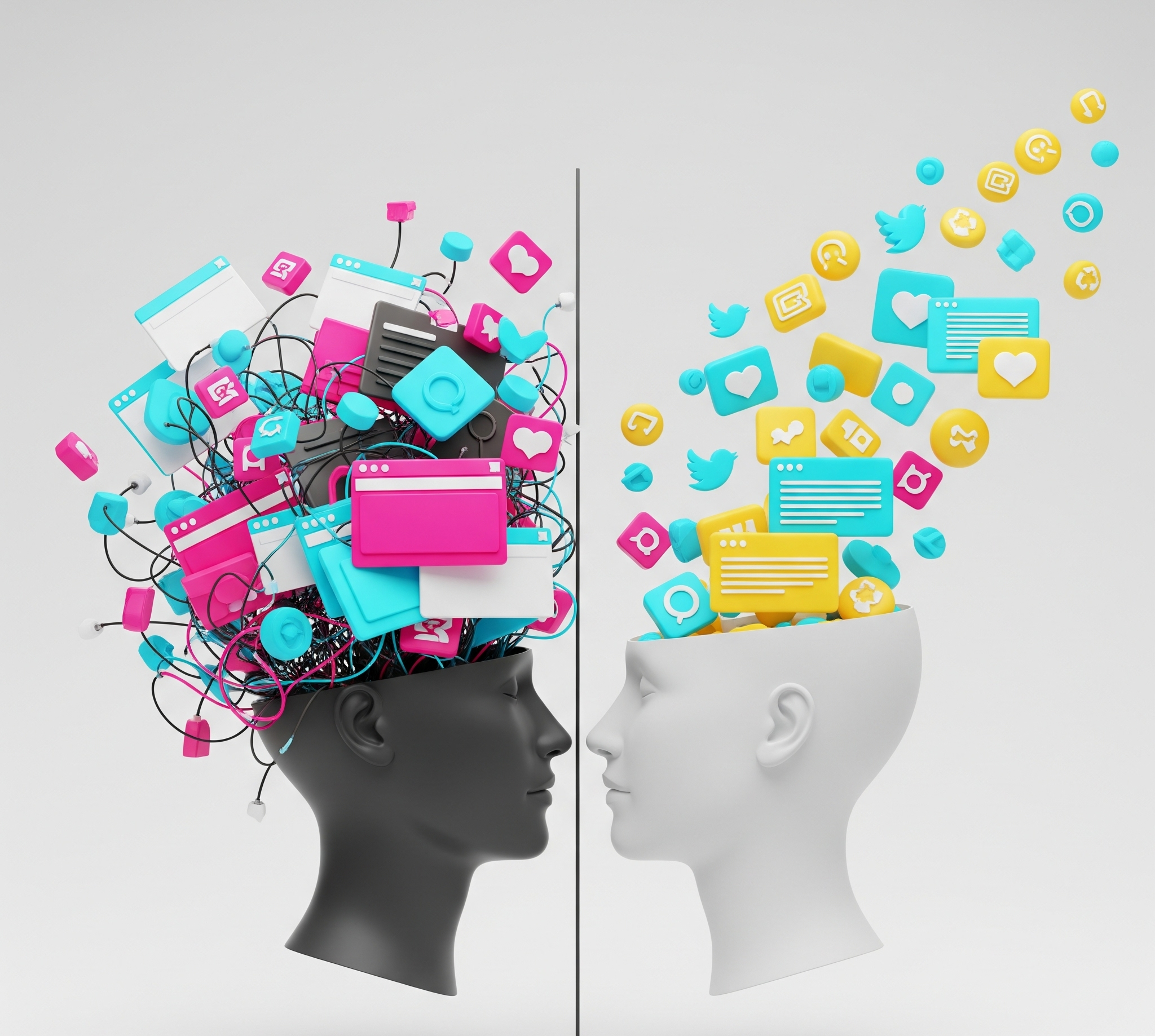 Image of a clean vs messy mind representing digital clutter  
