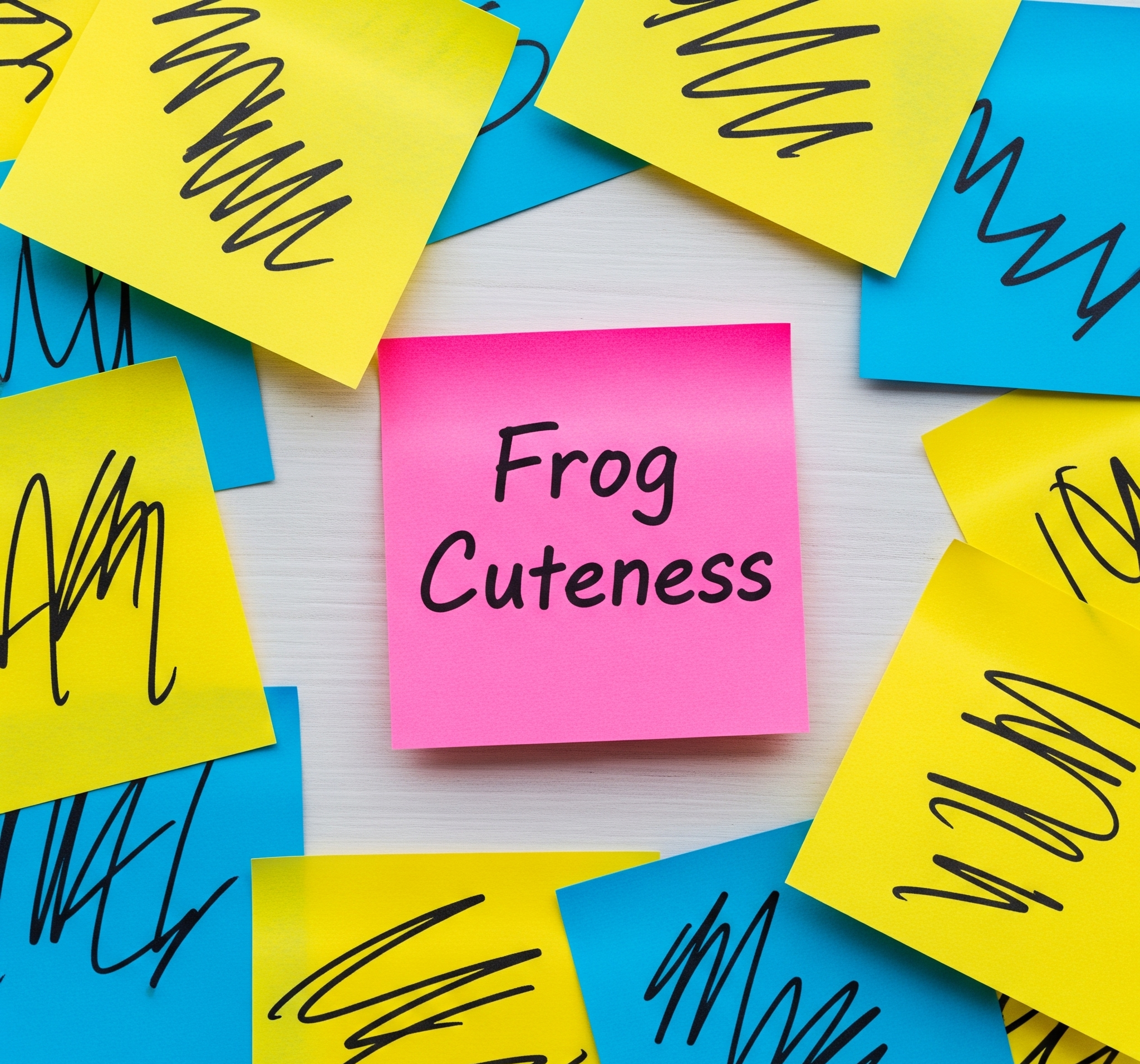 Sticky notes spread out on the floor labeled “frog cuteness”