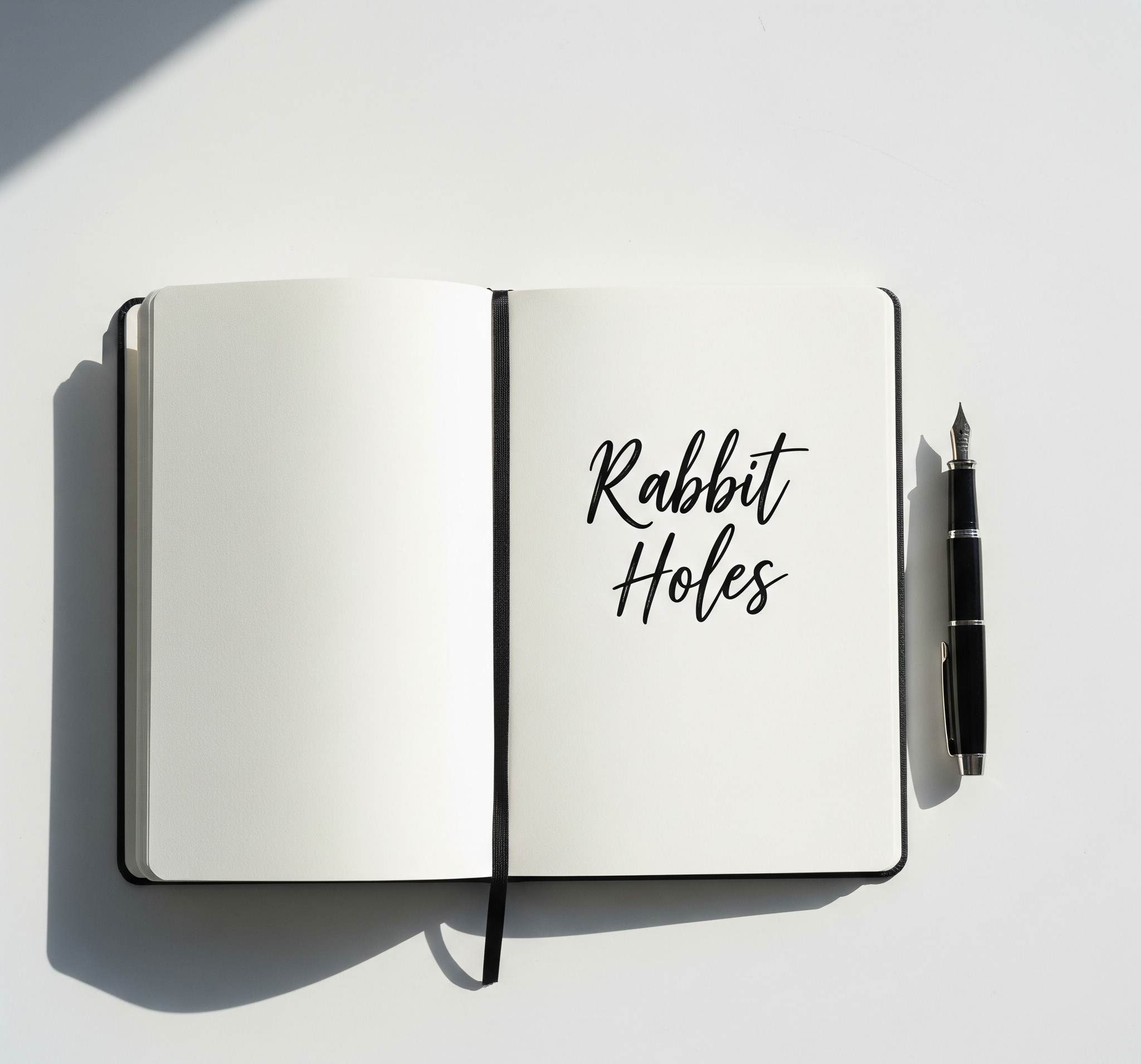 Open A5 notebook on a desk with the heading “Rabbit Holes.”