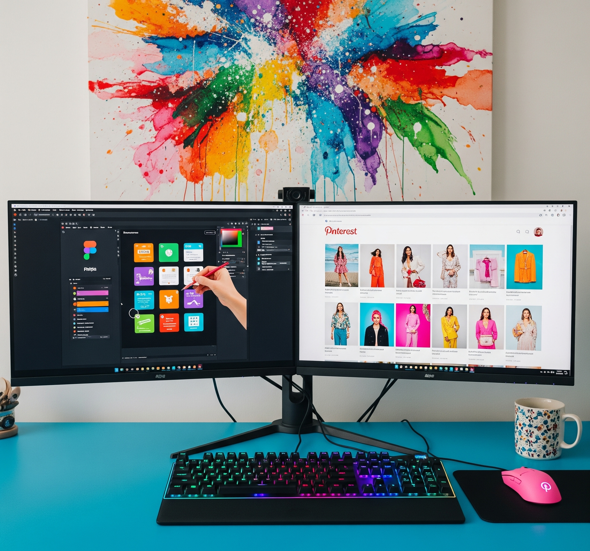 Dual-monitor setup, one screen showing work, the other showing Pinterest  