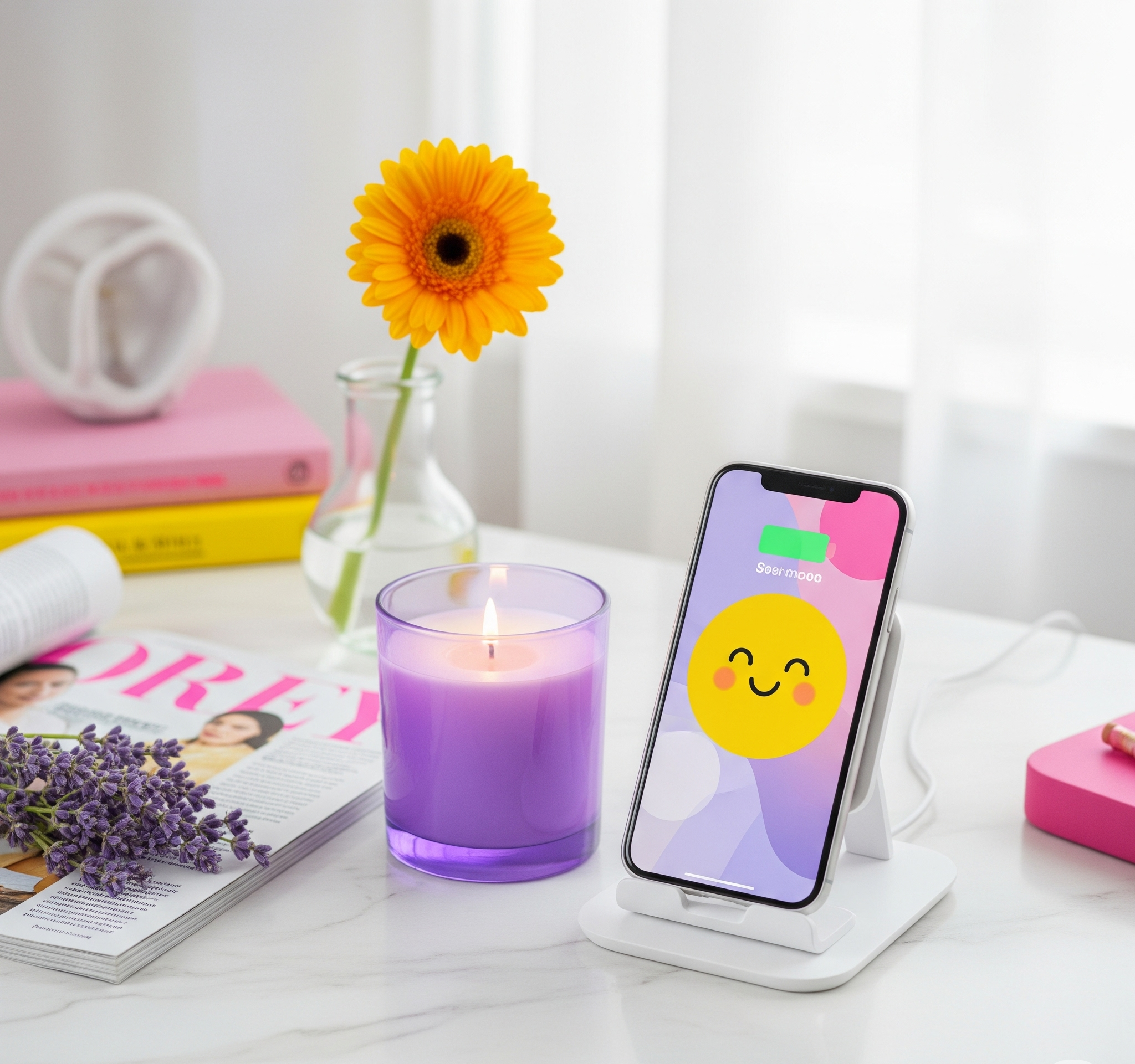 Phone on a wireless charging stand next to a tidy desk and candle. 