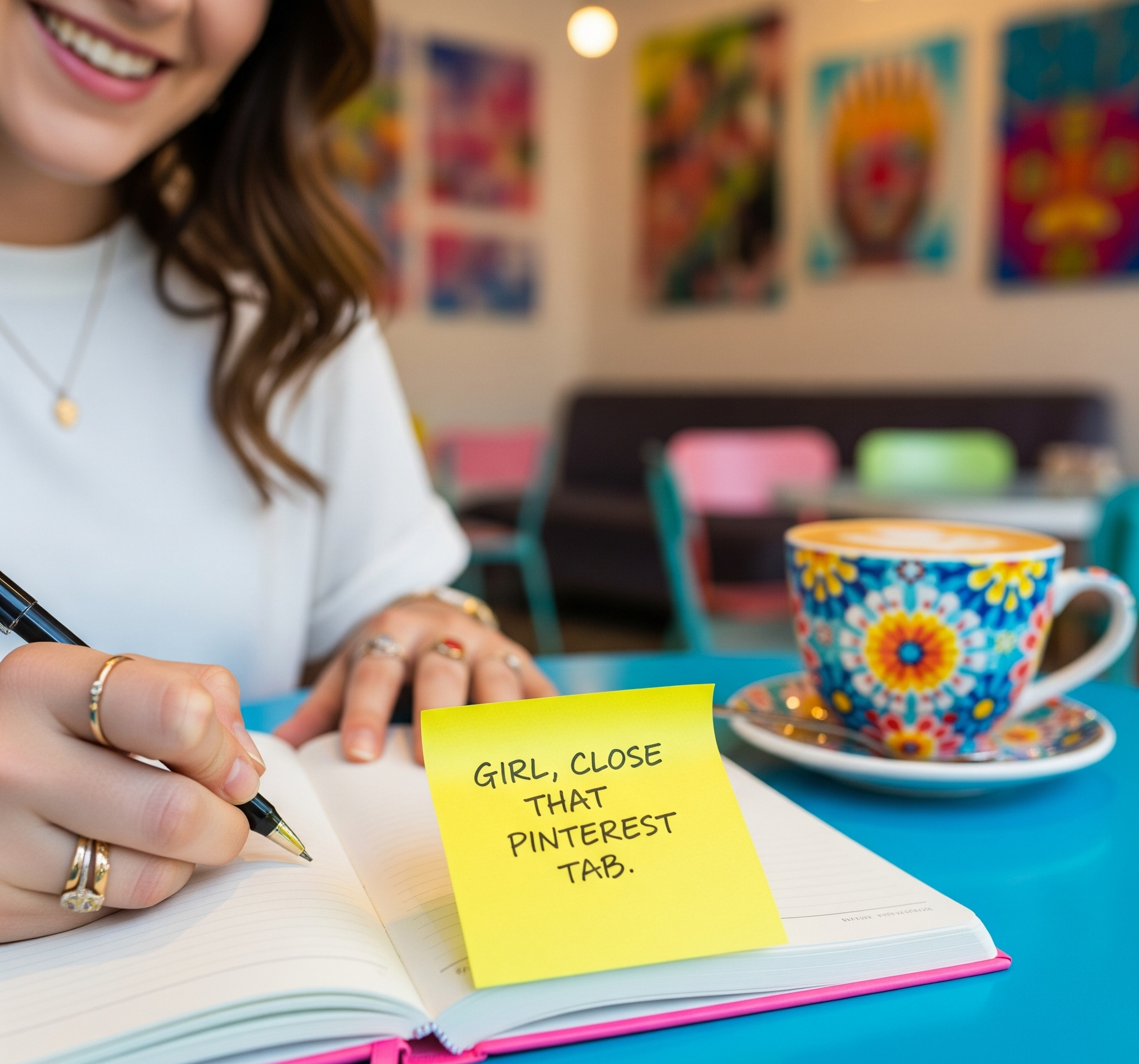 A person journaling in a coffee shop, with a sticky note reading “Girl, close that Pinterest tab.” 