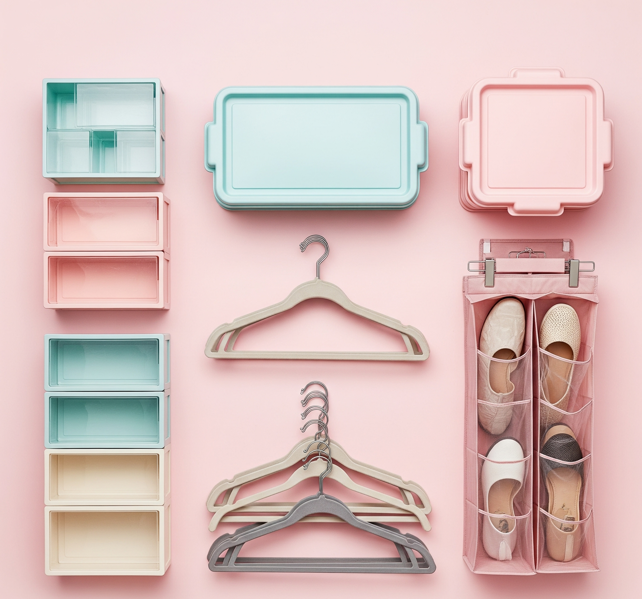 Flat lay of clothes and storage accessories