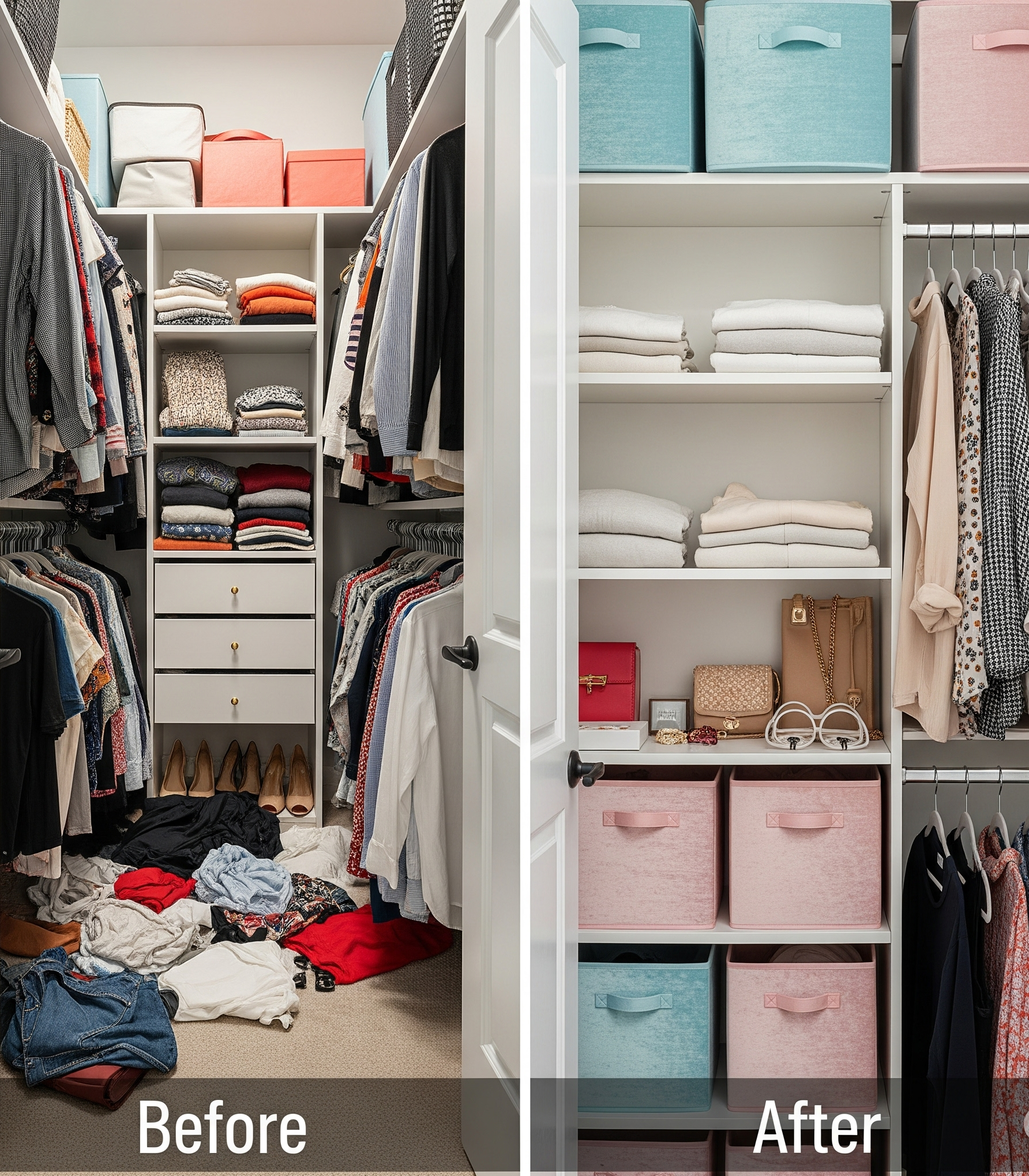  photo of neatly organized nightstand with drawer organizer and under-bed storage bins
