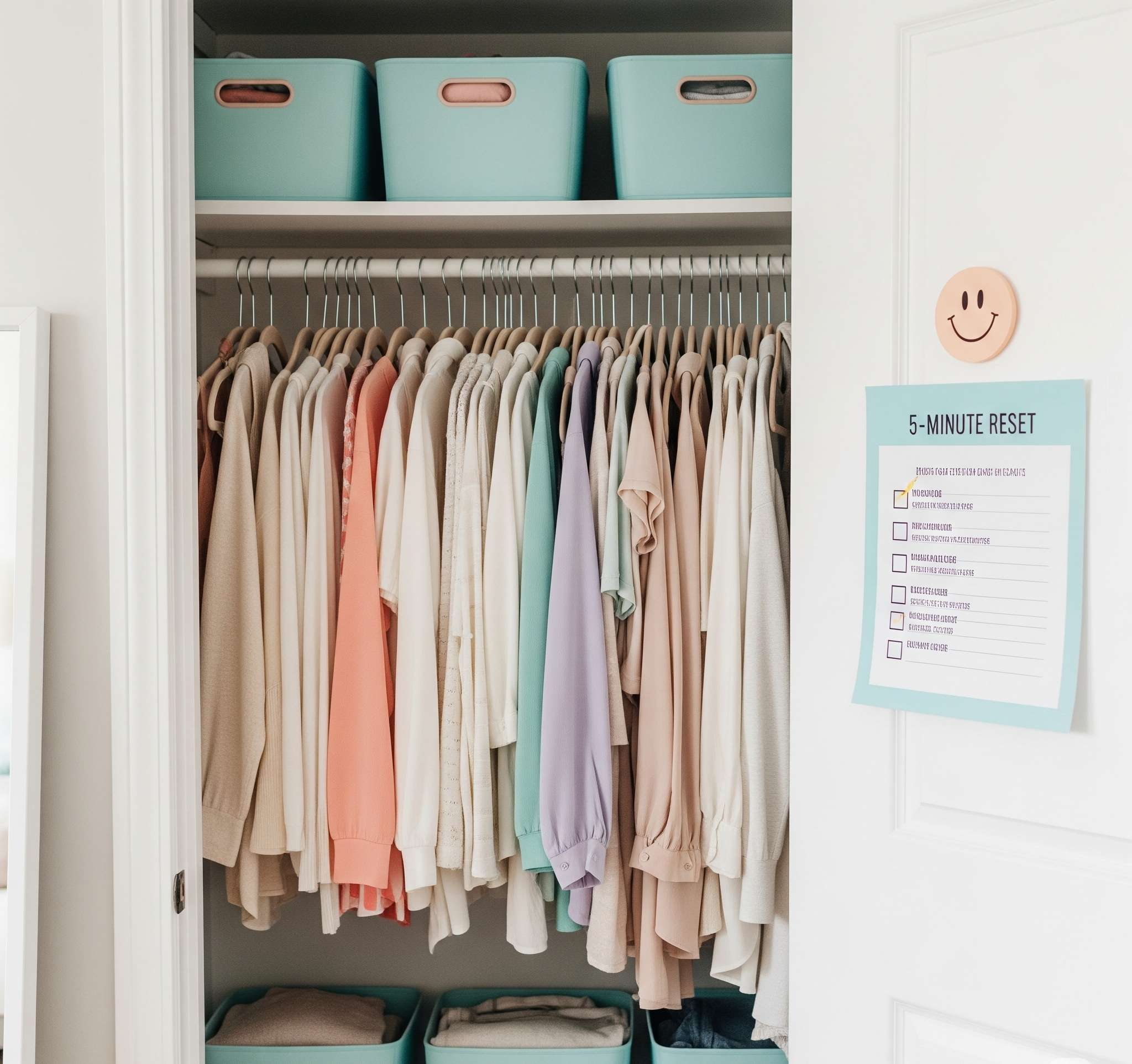 photo of tidy closet with a cute “5-minute reset” checklist or reminder sign