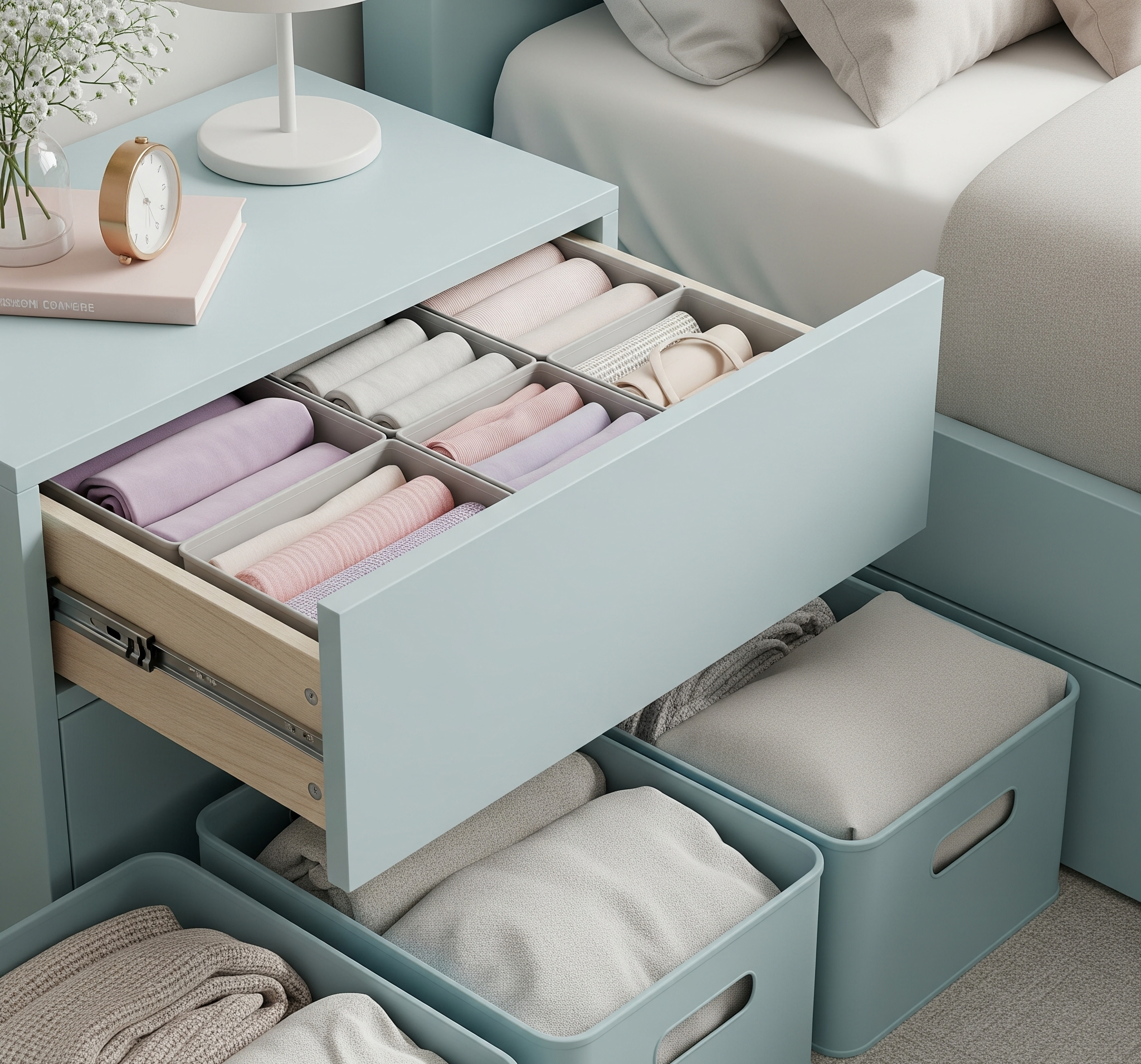 photo of neatly organized nightstand with drawer organizer and under-bed storage bins