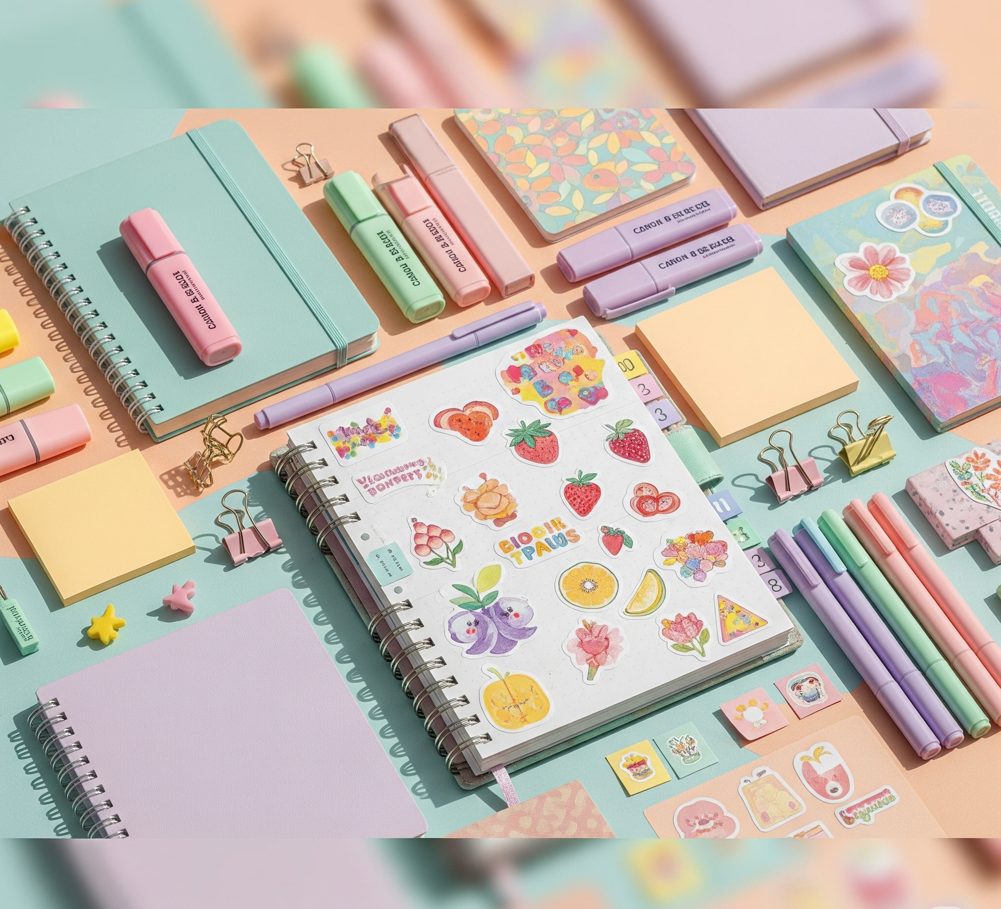 A colorful creative flat lay of a planner with stickers, markers, and inspirational quotes.