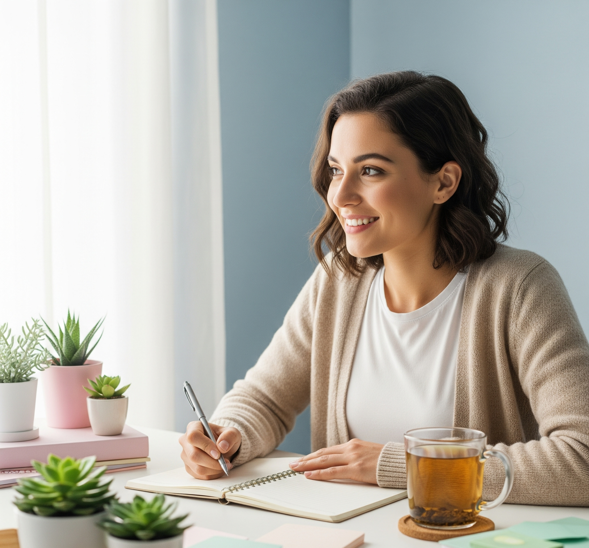 A casual, relatable photo of someone daydreaming, journaling, or working at a cozy desk.