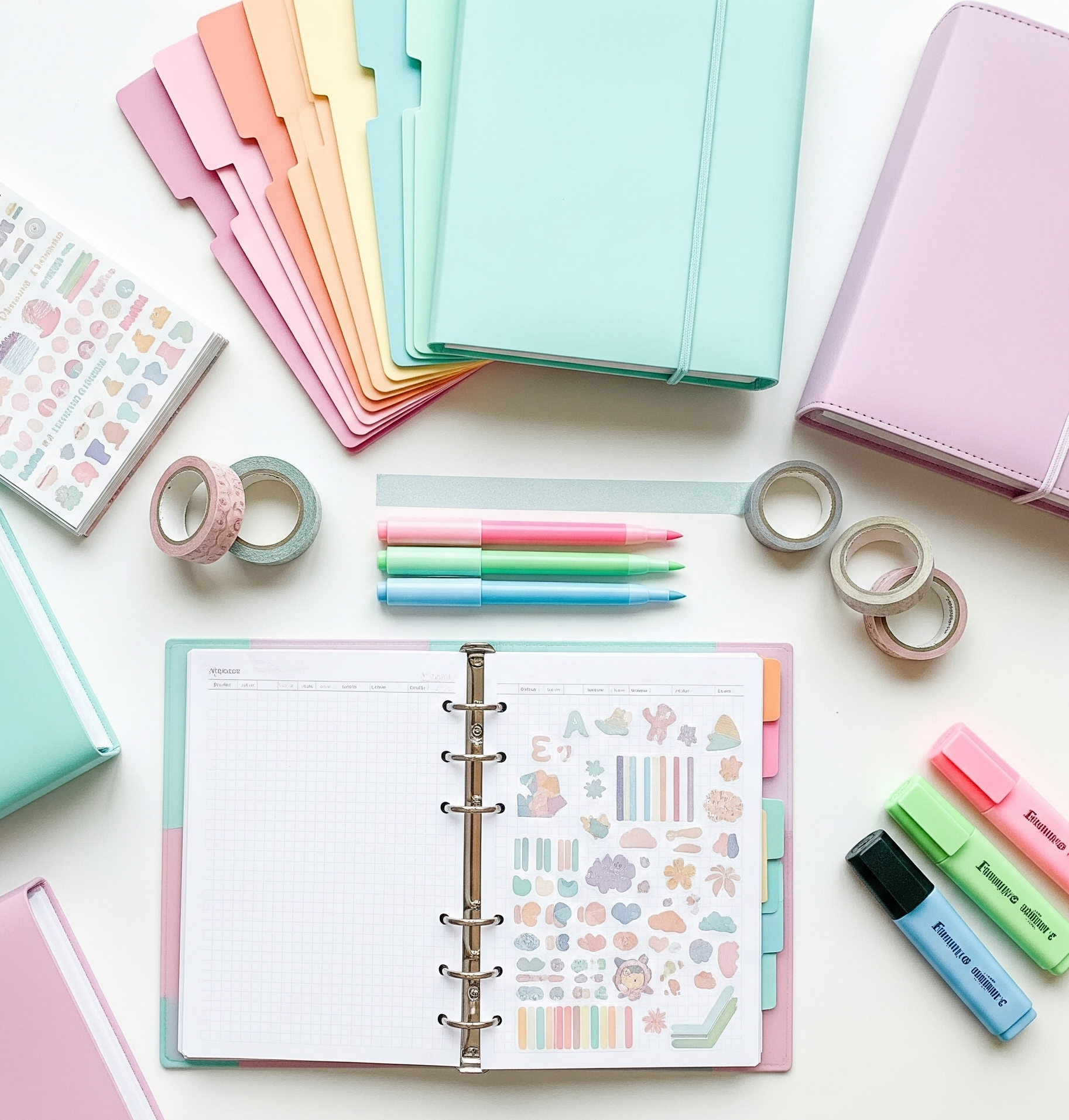 A flat lay or close-up of colorful binder dividers, planner stickers, washi tape, and highlighters in use.