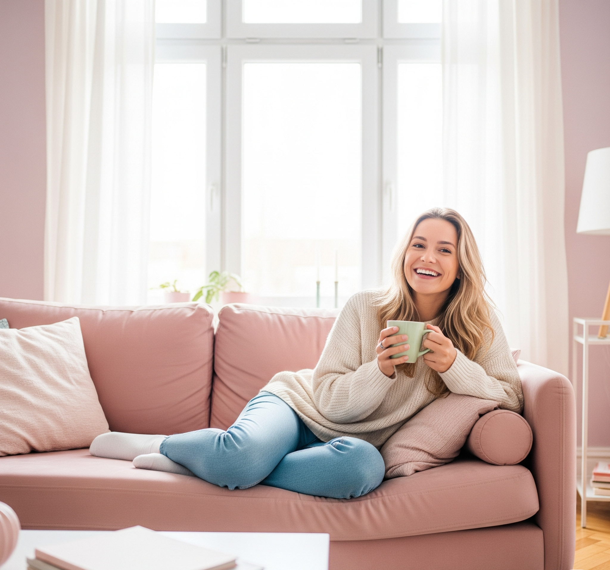 A relaxed lifestyle photo — someone smiling having a peaceful moment at home.
