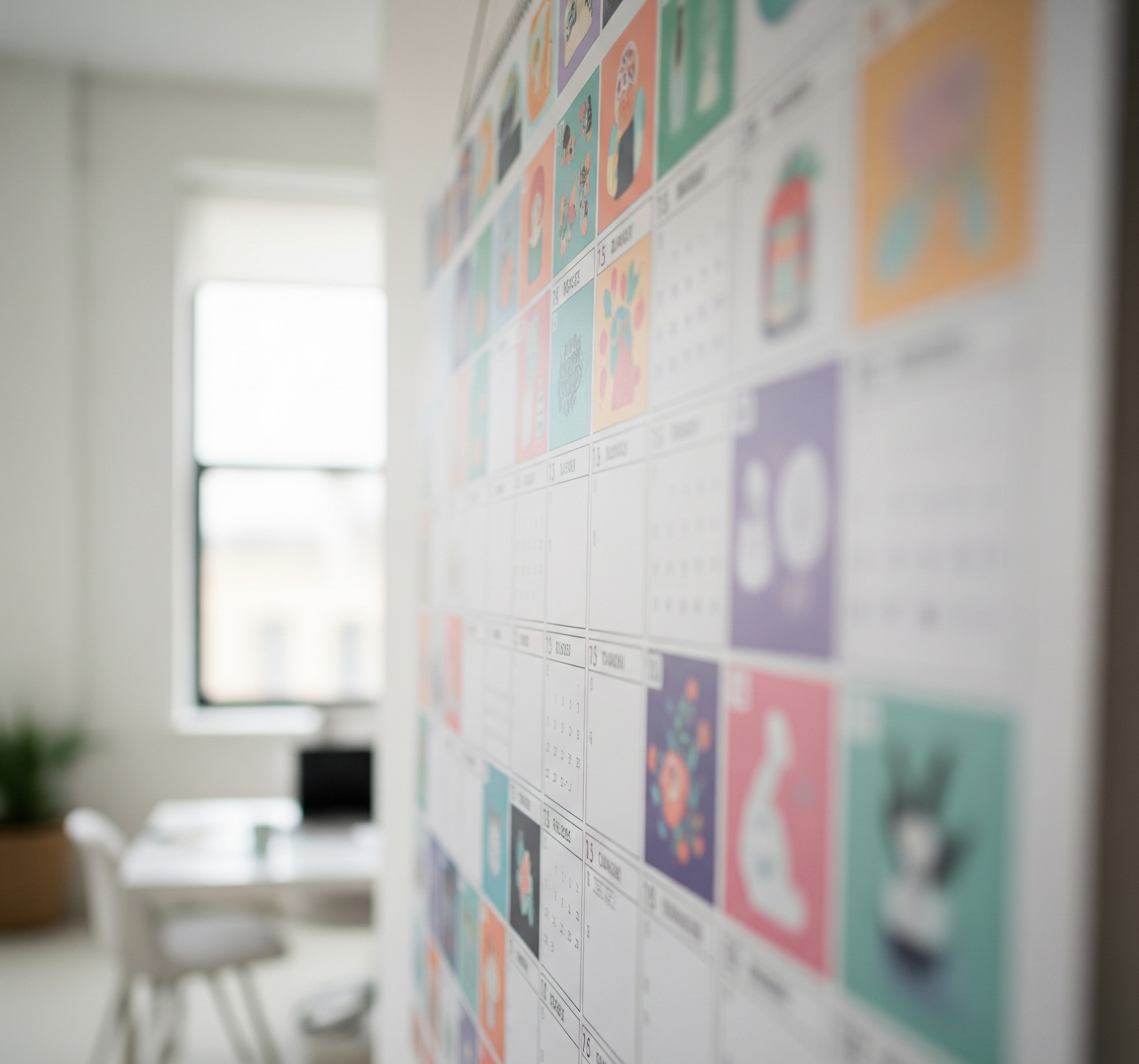 Photo of a large wall calendar or dry erase calendar in use, with handwritten notes or milestones.