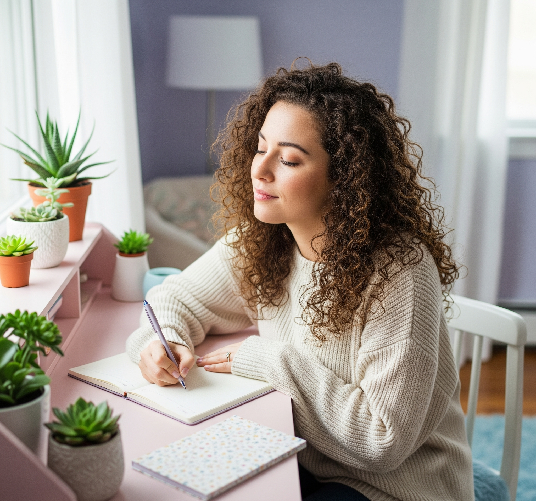 Image of a minimalist journal open with someone writing with a calm, focused vibe.