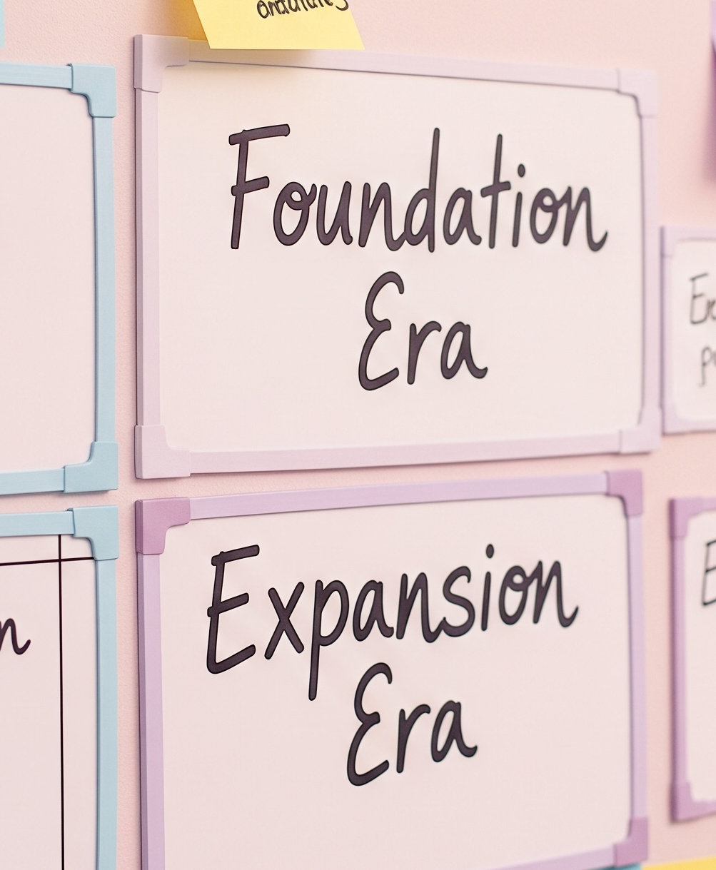 Photo of sticky notes or dry erase sheets on a wall with handwritten phases like "Foundation Era" or "Expansion Era."