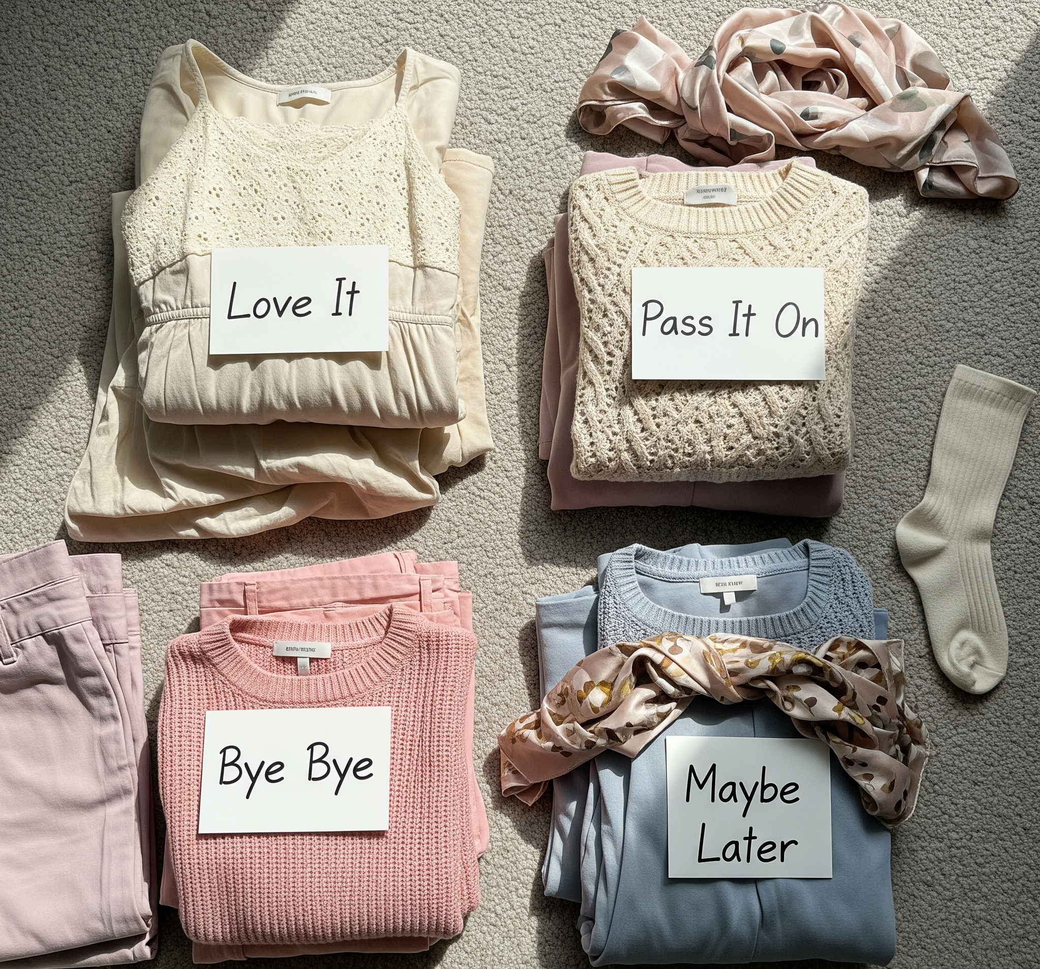  piles of clothes sorted on bed or floor labeled Love It, Pass It On, Bye Bye, Maybe Later — bonus points if there’s a funny sock somewhere