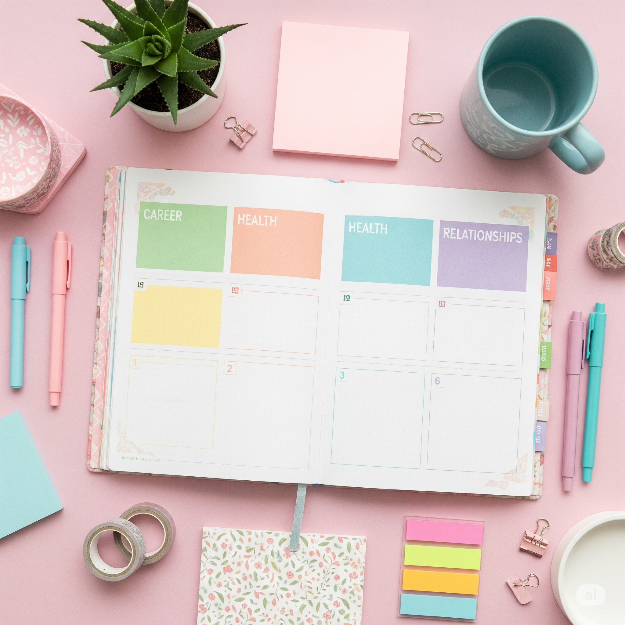 Planner pages organized by life categories for personal growth.