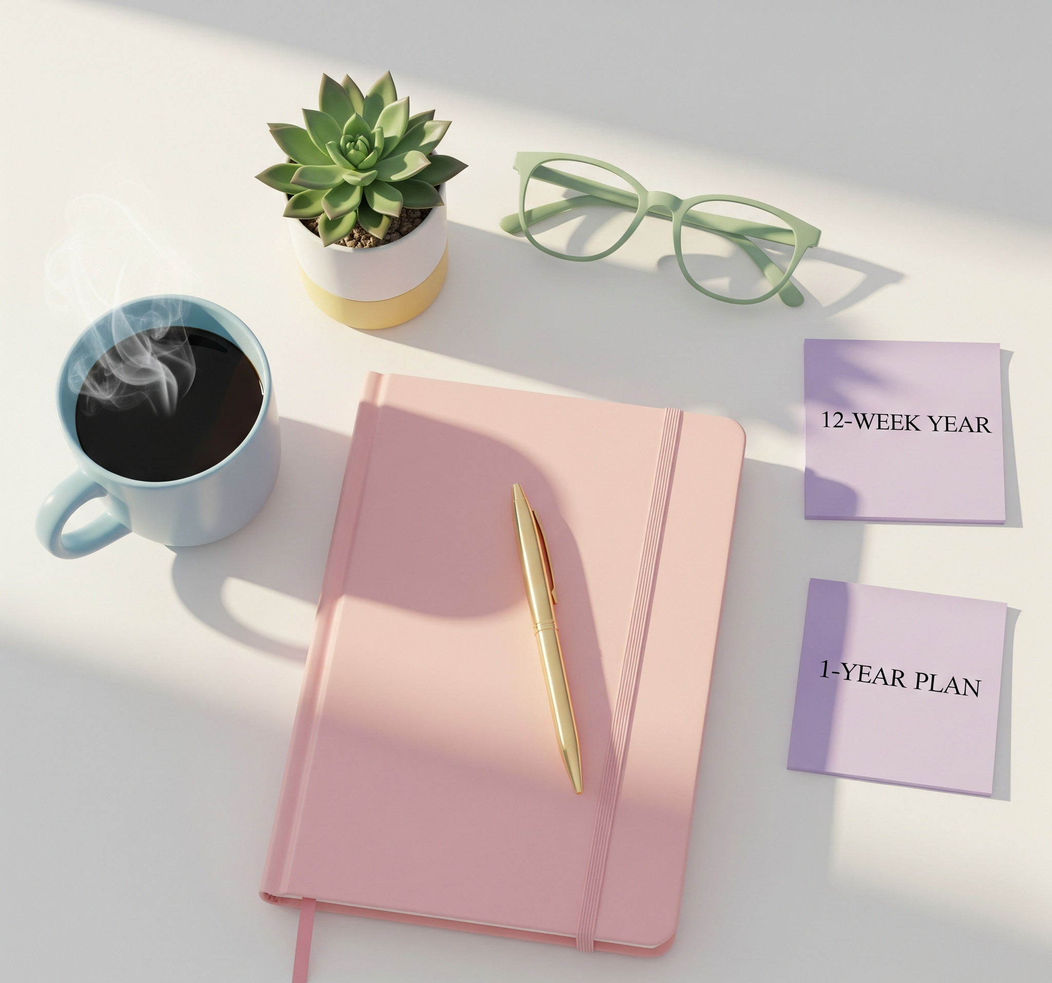 Flat lay of planner, pen, and coffee mug on a desk—cozy, approachable vibe