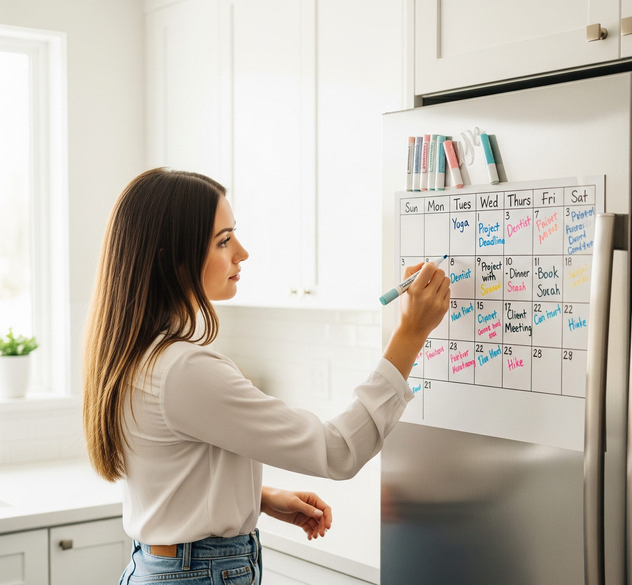 Minimalist whiteboard calendar on a fridge with pastel markers.