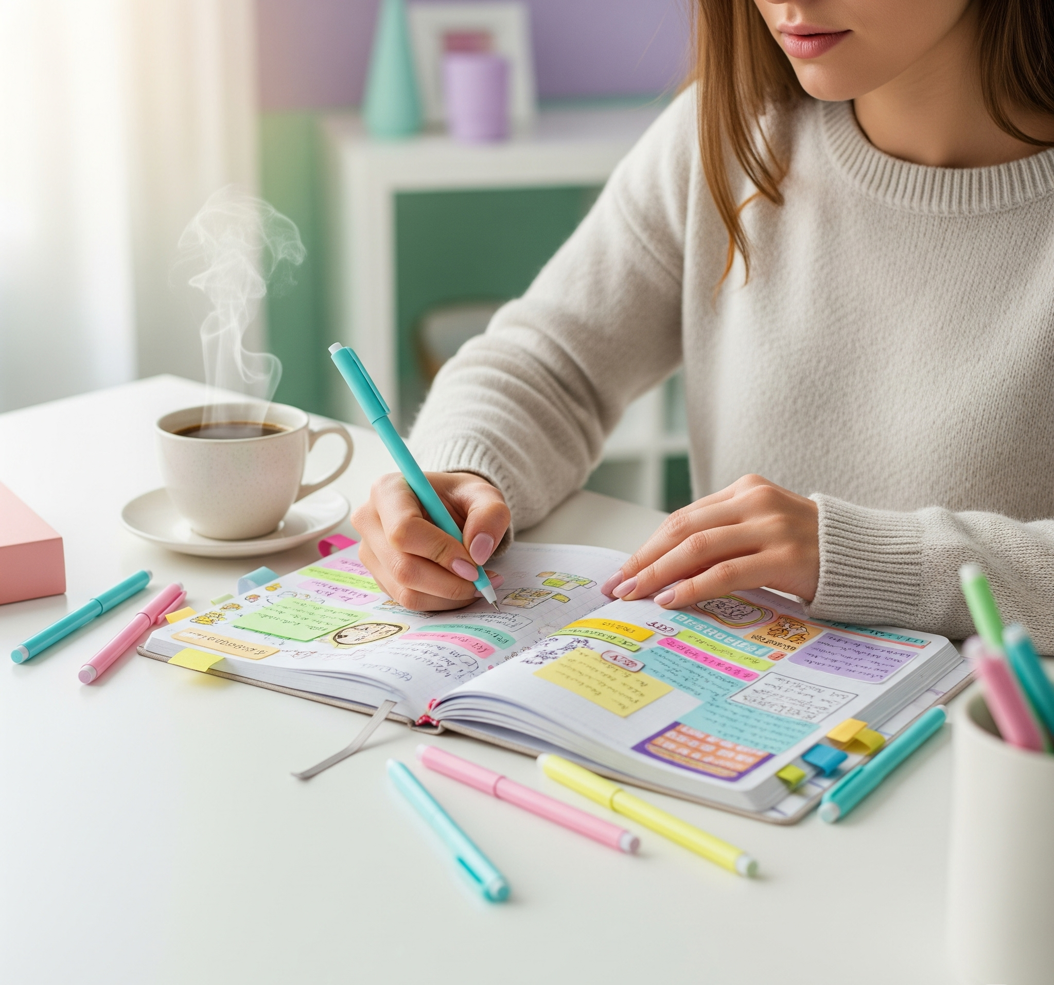 Open bullet journal with pastel pens, doodles, and coffee cup