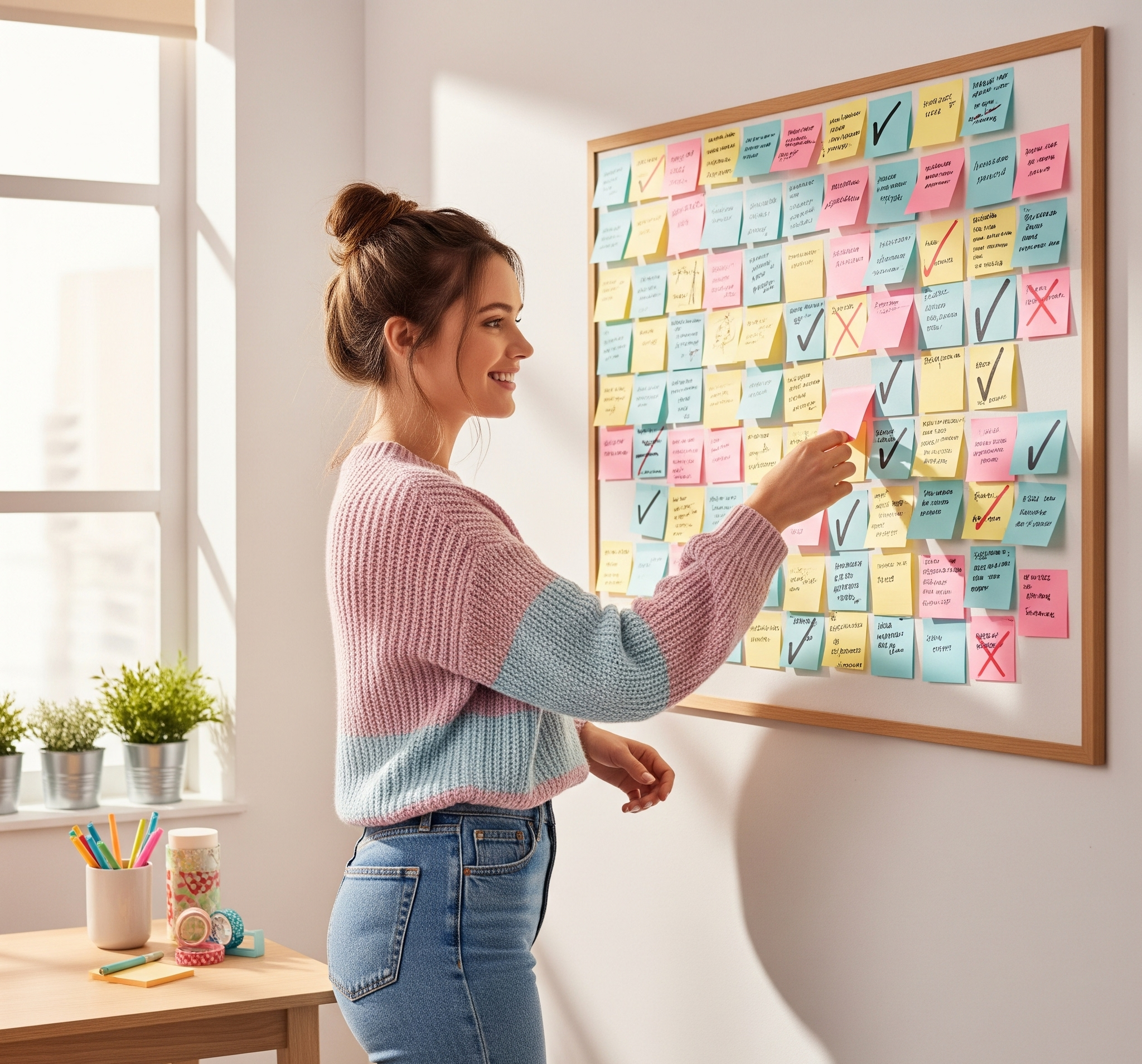 Bright sticky notes on a bulletin board, some crossed-out, some completed