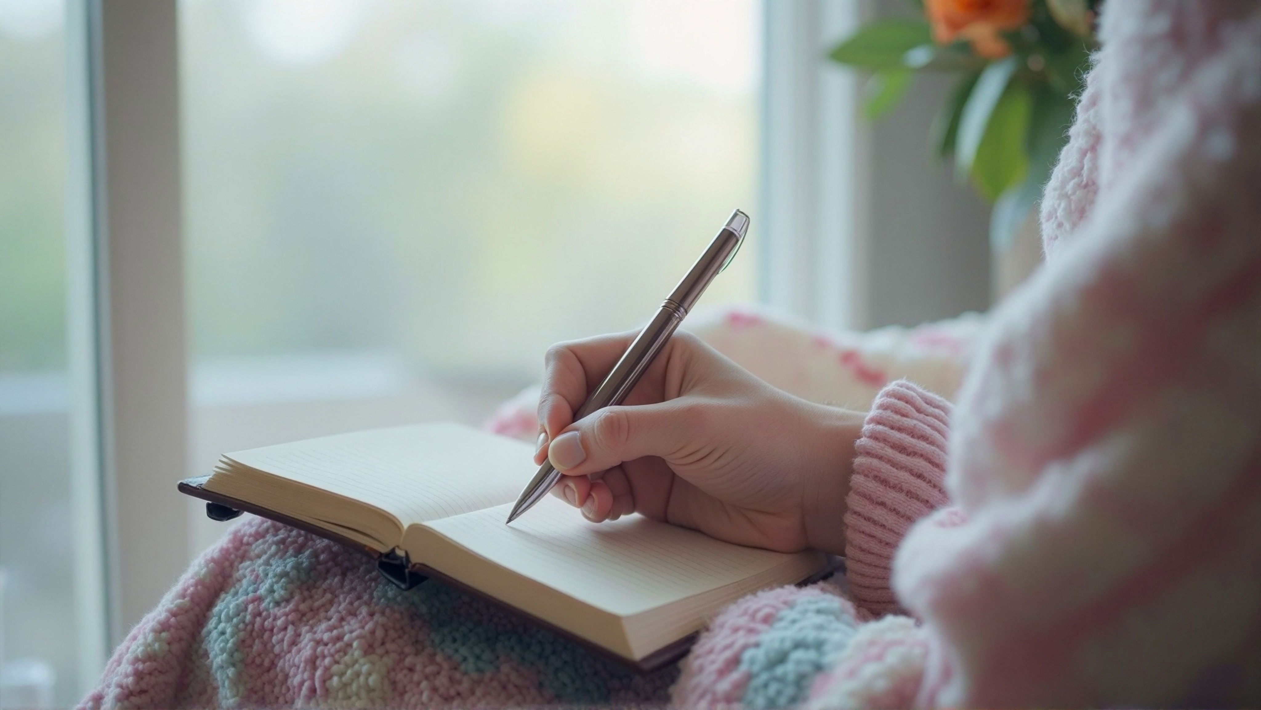 Someone sitting by a window with a cozy blanket, journal in lap, pen in hand. Soft lighting, calm vibes.