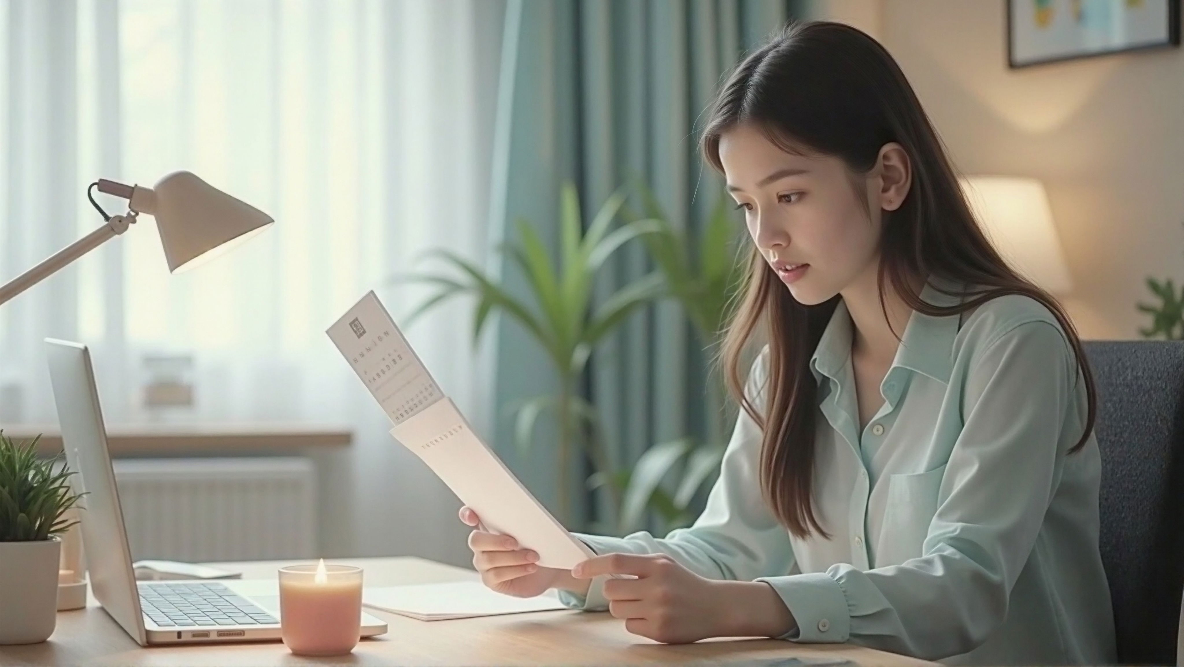 A professional-looking person (young, modern, not stiff) checking their monthly calendar at a desk.