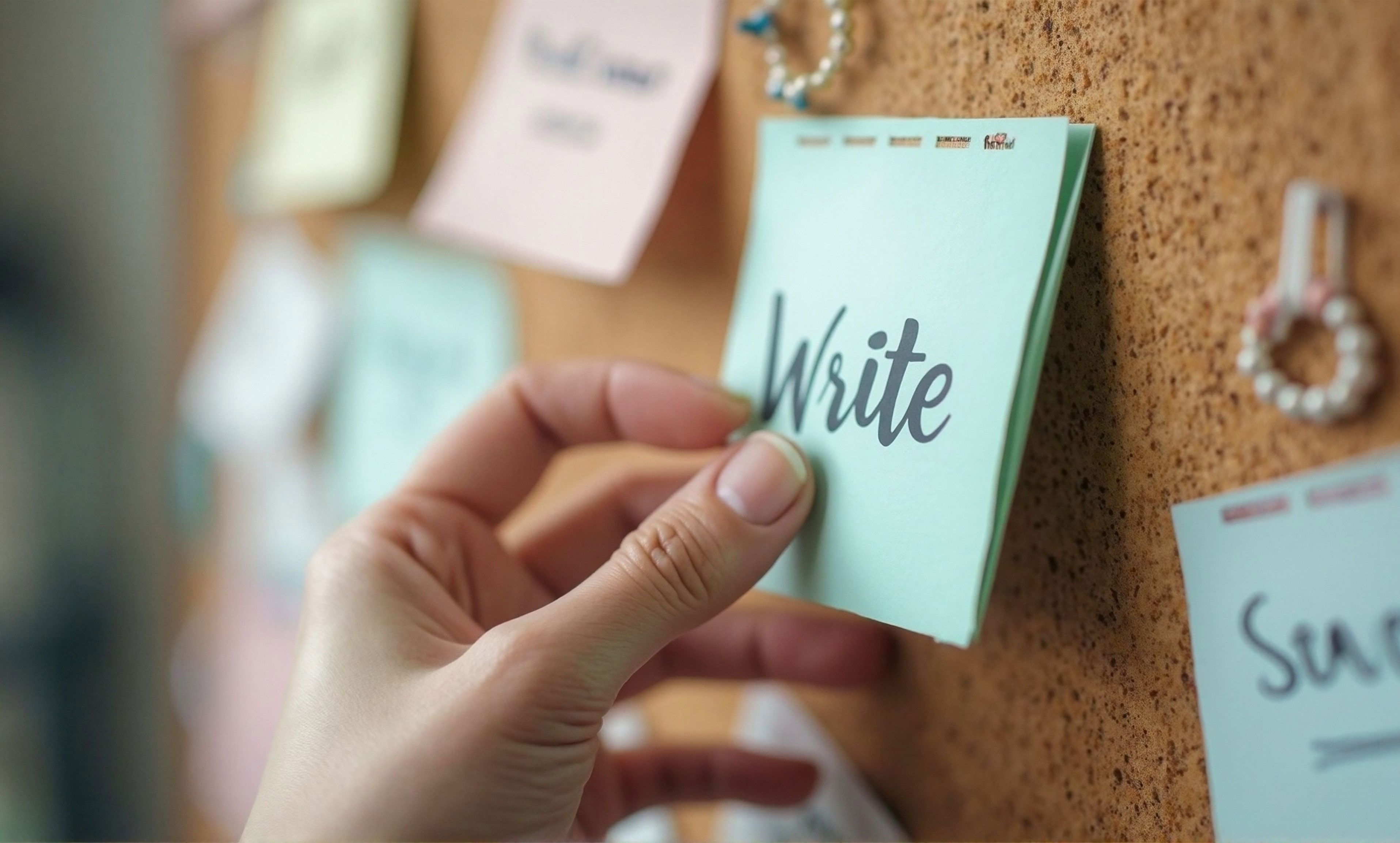 Someone sticking a note with one big word (like “Save” or “Write”) on a wall/vision board.