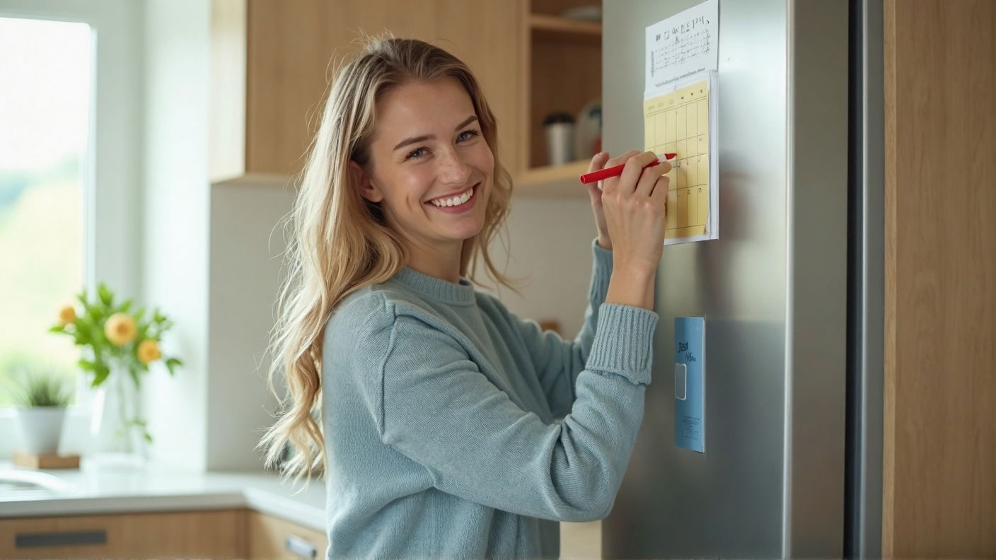 A person at the fridge writing on a magnetic calendar, smiling while crossing off tasks.