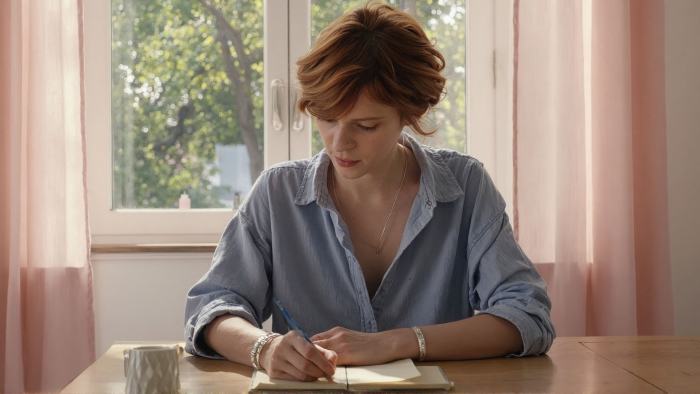 Morning scene — someone journaling with coffee, soft sunlight, casual clothes.