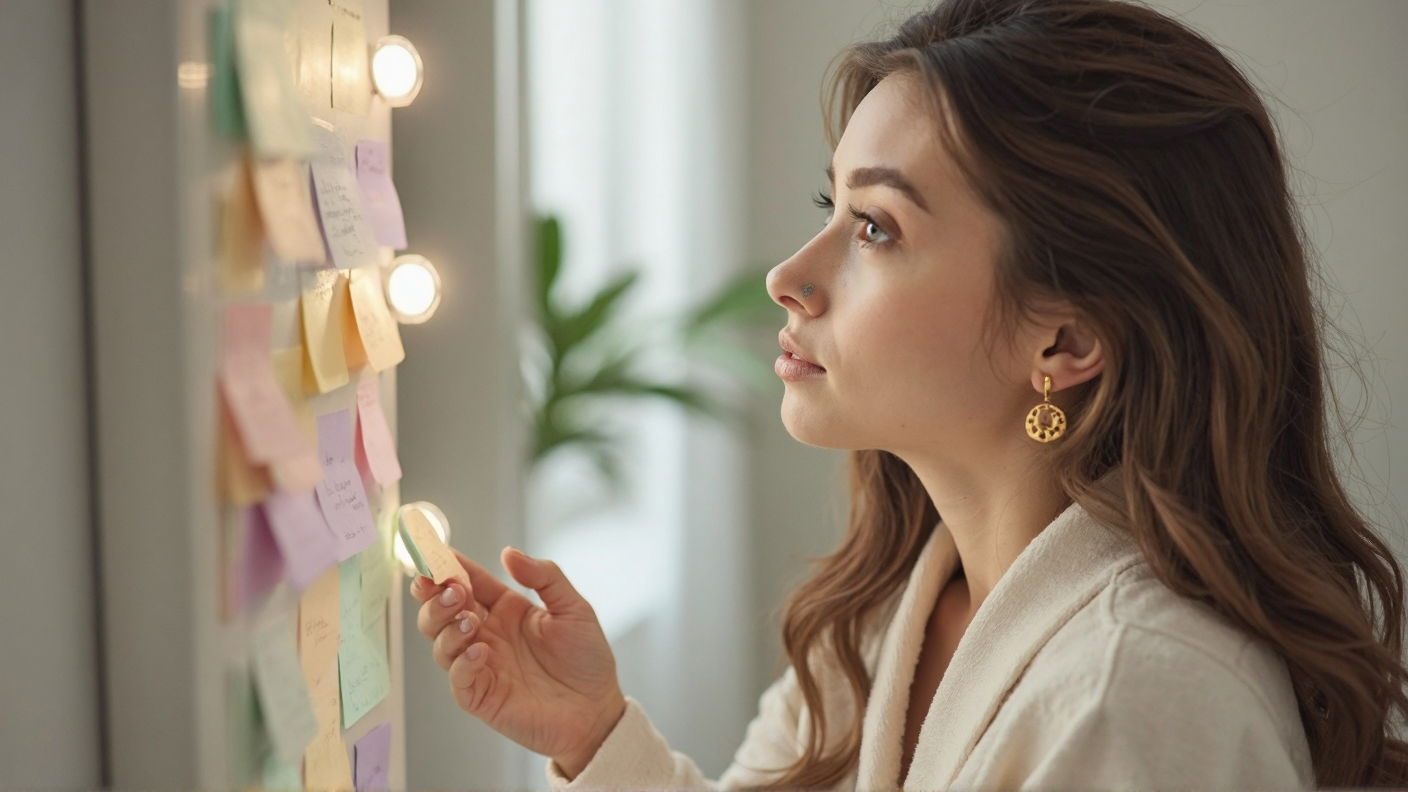 A woman glancing at sticky notes on her mirror as she does her makeup.