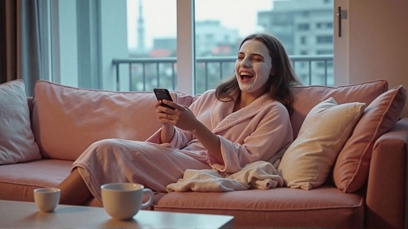 Someone relaxing on the couch with a face mask and coffee, laughing while scrolling on their phone.