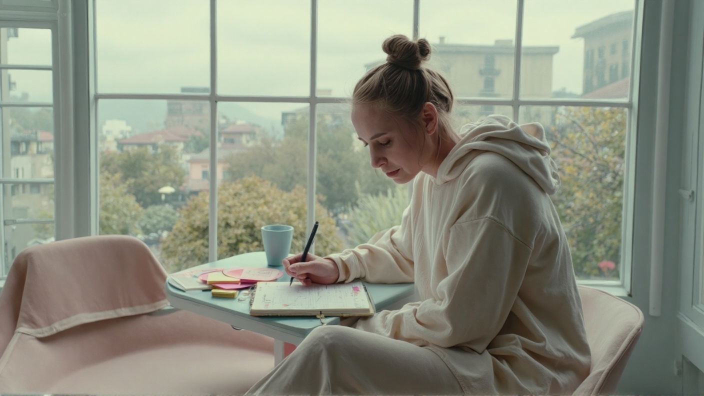 Someone in comfy clothes casually scribbling in a planner with crossed-out notes, looking relaxed not stressed.