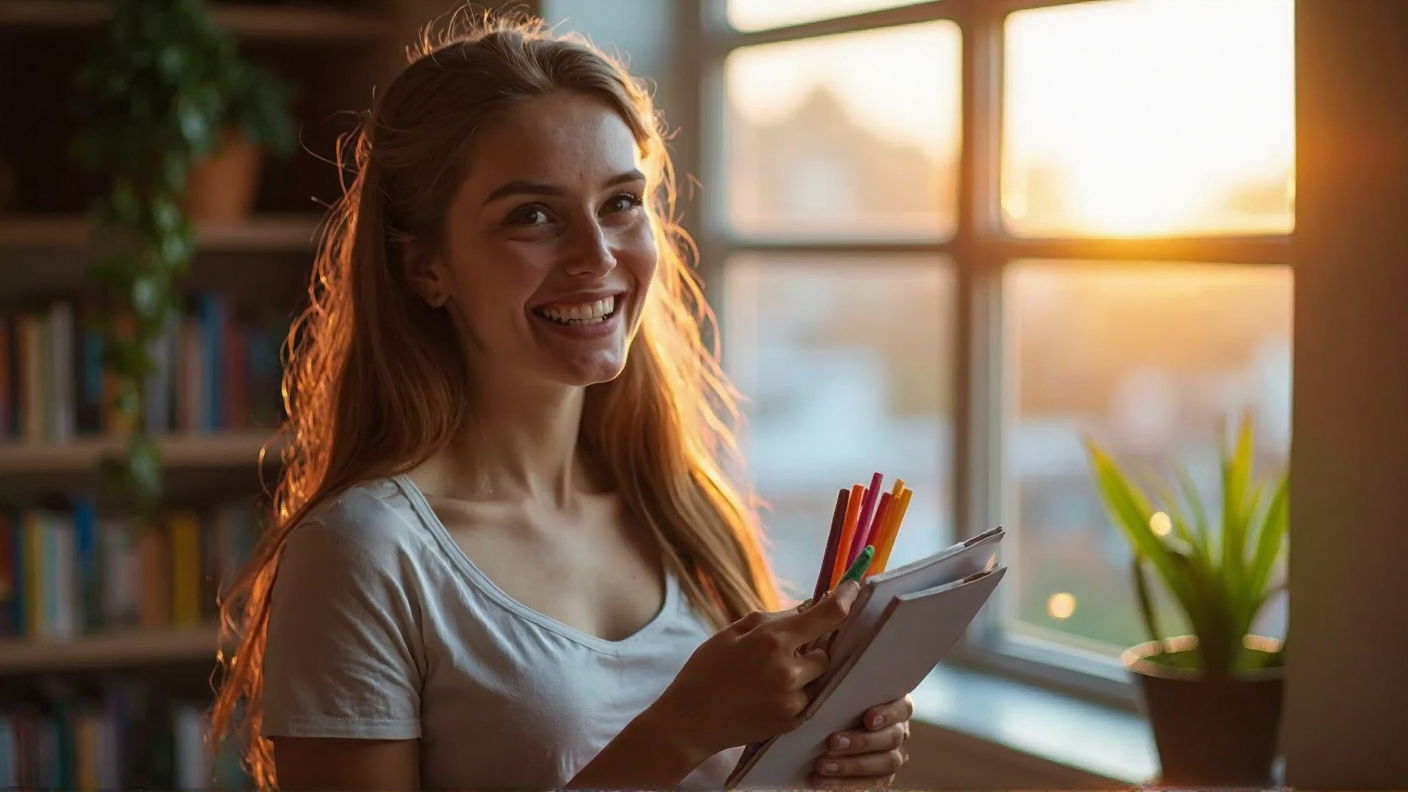 A young woman holding a planner and colorful pens, looking excited like she’s about to start the next month.