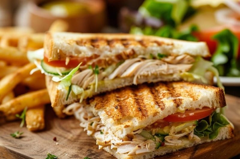 TOSTA DE FRANGO, TOMATE, ALFACE E MAIONESE DE ALHO