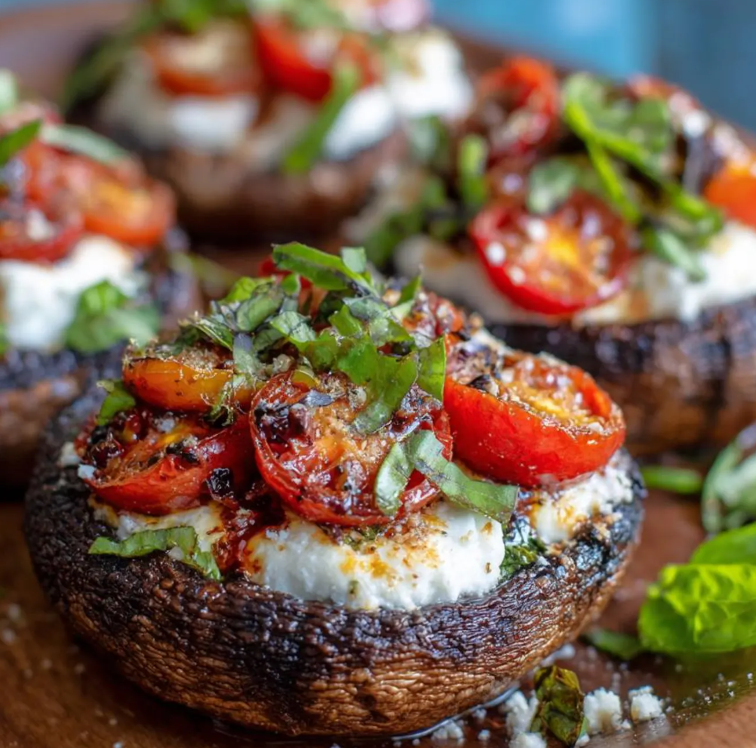 Cogumelos Gratinados com Tomate, Bacon e Manjericão