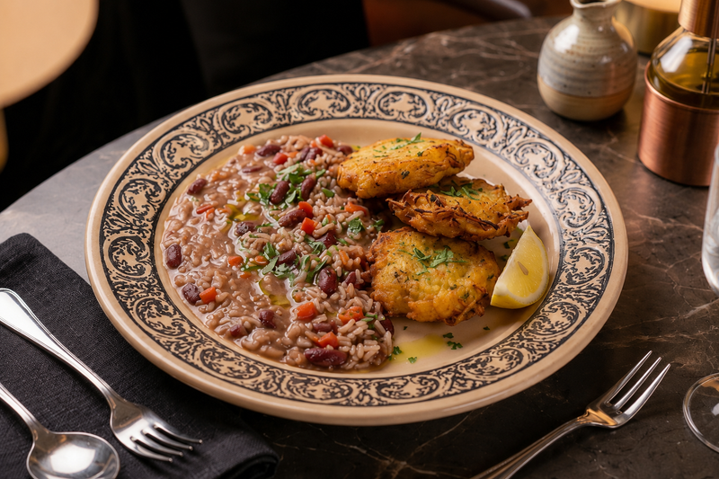 Pataniscas de Bacalhau com Arroz de Feijão