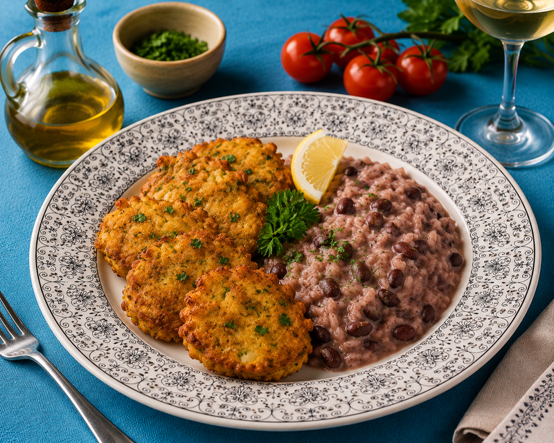 Pataniscas de Bacalhau com Arroz de Feijão