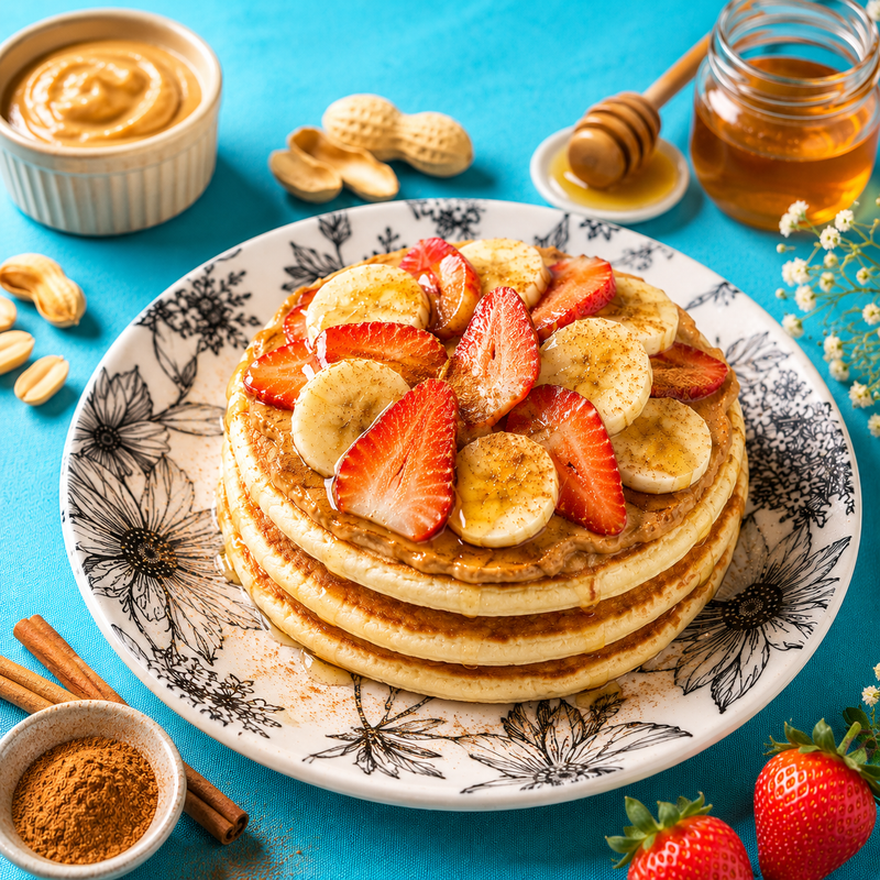 Panquecas com fruta, mel e manteiga de amendoim