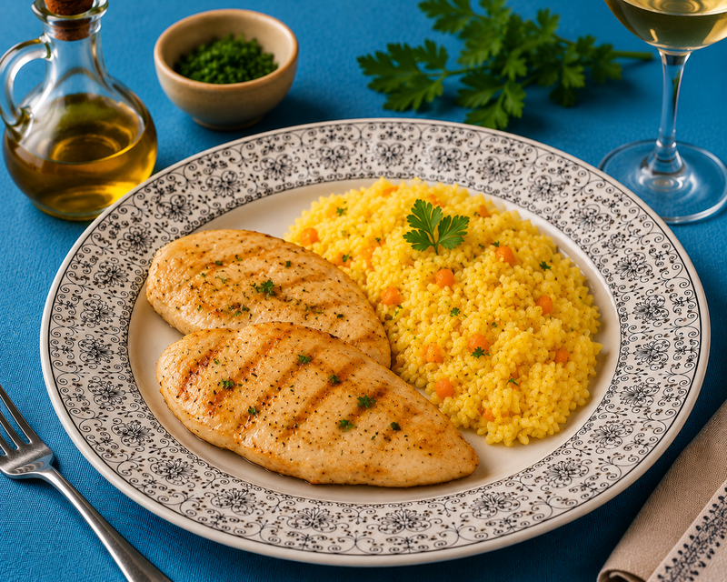 Filé de Frango com Arroz de Açafrão e Pimento