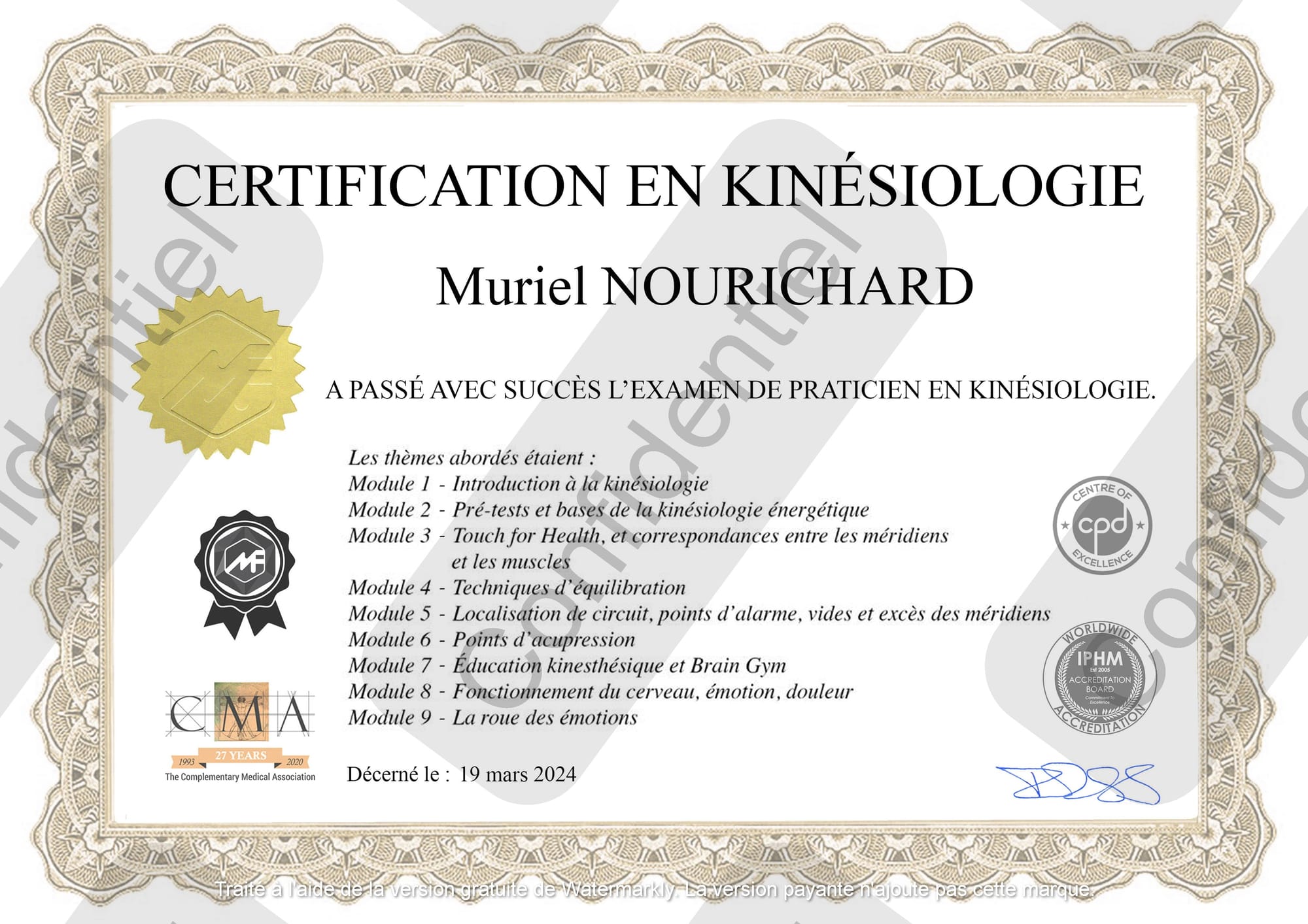 Diplôme officiel en Éducation Kinesthésique obtenu par un praticien Reiki Kundalini à distance